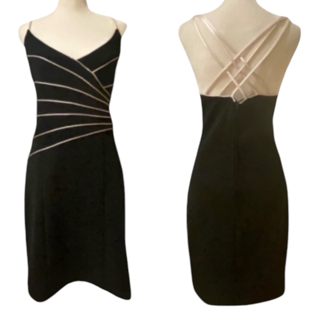 Vintage 90s / 1990s Black Strappy Bodycon Dress - size women's 6 - black & white